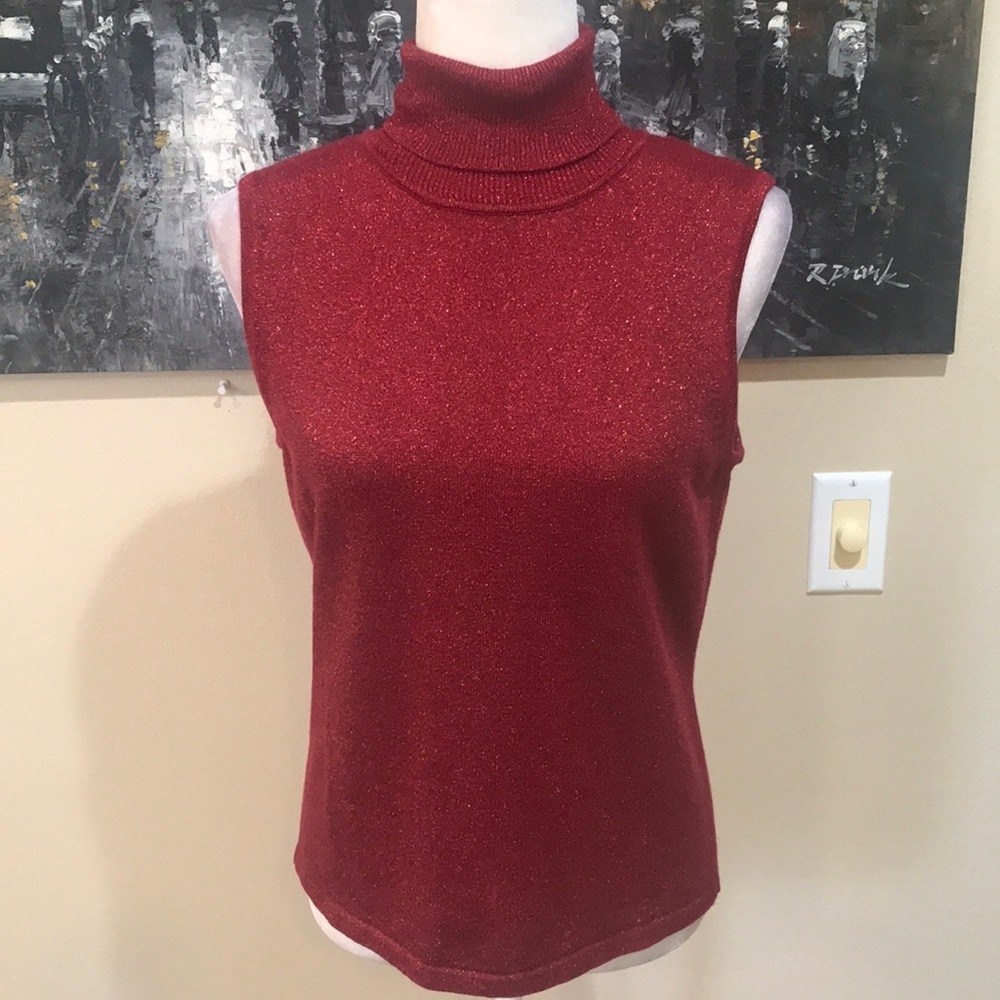 Style & Co Red Festive Sparkling Sleeveless Turtleneck-Size M